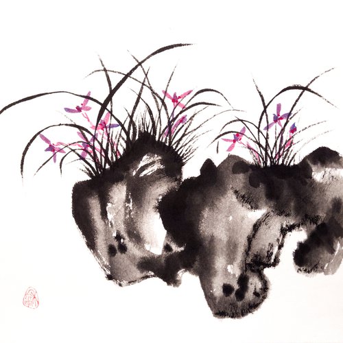 Wild purple orchids - Oriental Chinese Ink Painting by Ilana Shechter