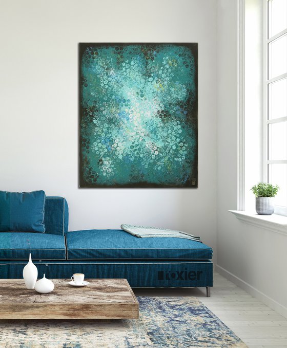 Blue Black Bubbles - Vertical Canvas 90x110 cm - Abstract Painting by Ronald Hunter - 27J