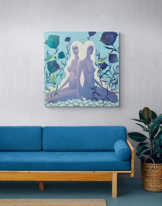GEMINI. Acrylic painting, blue and purple, women portraits, nude, figurative art