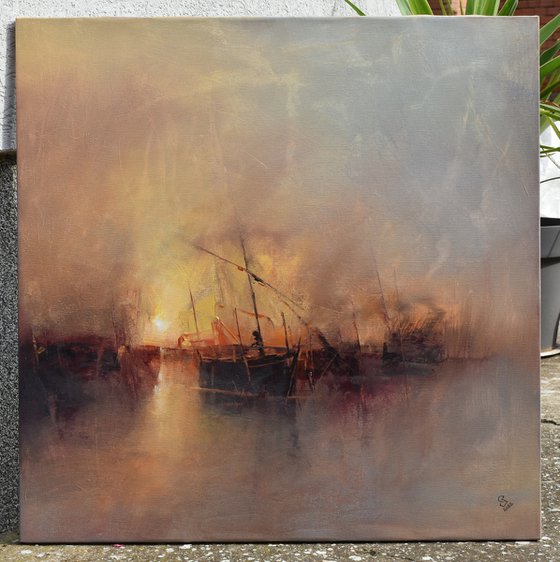 " Harbor of destroyed dreams - Hazy morning " W 70 x H 70 cm