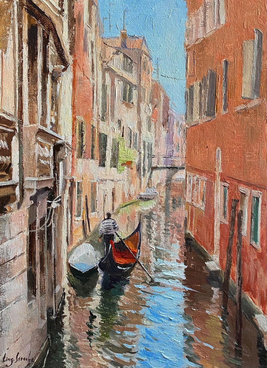 Impressionistic Landscape Oil Painting By Ling Strube, 12 X 16", Stroll In Venice - #7, Original Artwork