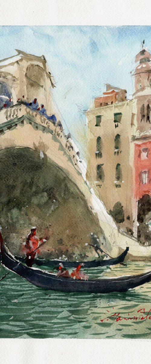 Gondola passes under Rialto Bridge by Marin Victor