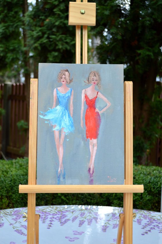 Funny fashionistas in blue and red Miniature