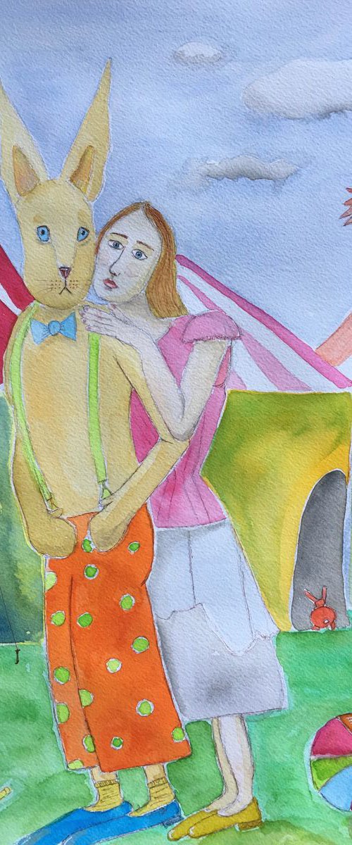 Vintage Circus Woman with giant rabbit  Quirky & Figurative by Sharyn Bursic