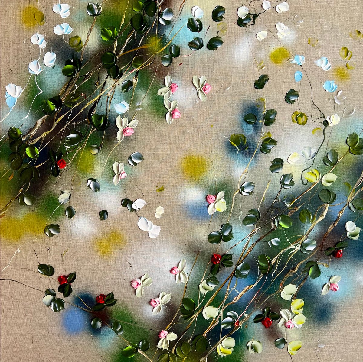 Expressive Botanical Acrylic Painting By Anastassia Skopp, 31 X 31, Tsubomi, Original Artwork