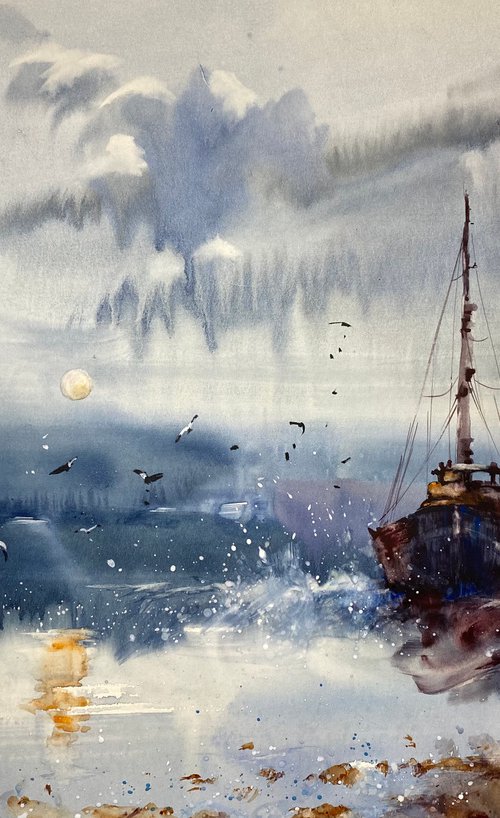 Sold Watercolor "Twilight time” gift For Him by Iulia Carchelan