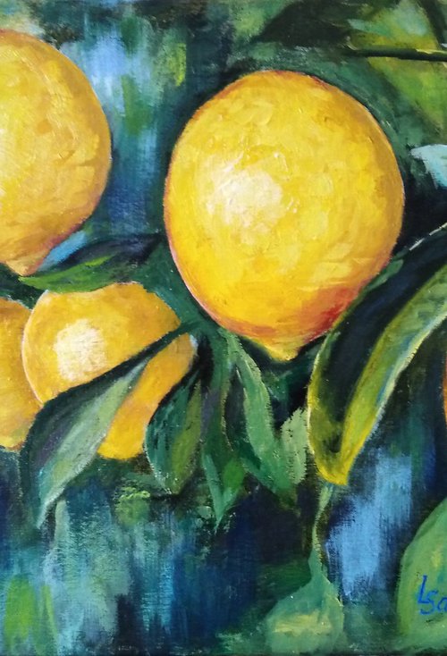 Yellow lemons on a branch by Liubov Samoilova