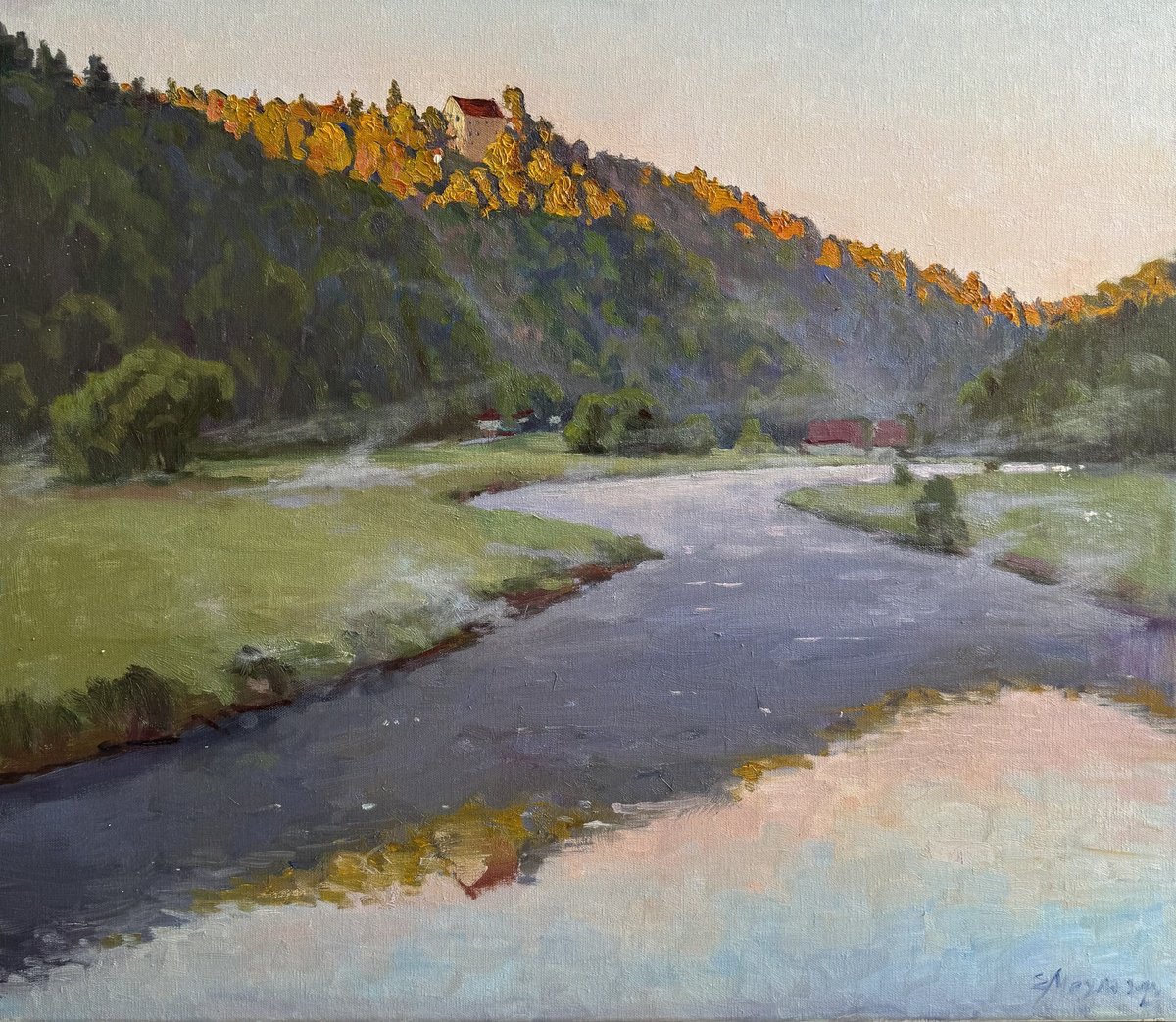 Impressionistic Landscape Oil Painting By Evgeniia Mekhova, 24 X 20, A Misty Sunrise On The River, Original Artwork