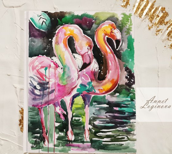 Flamingo Art, watercolor painting