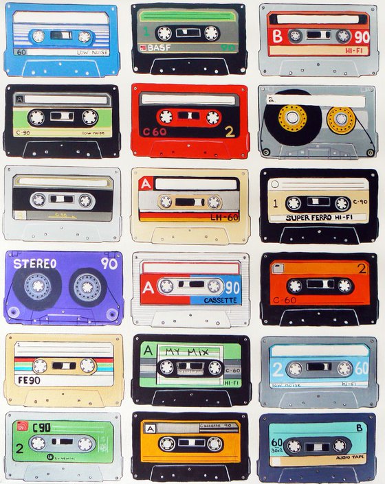 My mix (cassette tapes, retro music, 70's, 80's rock culture, large canvas artwork)