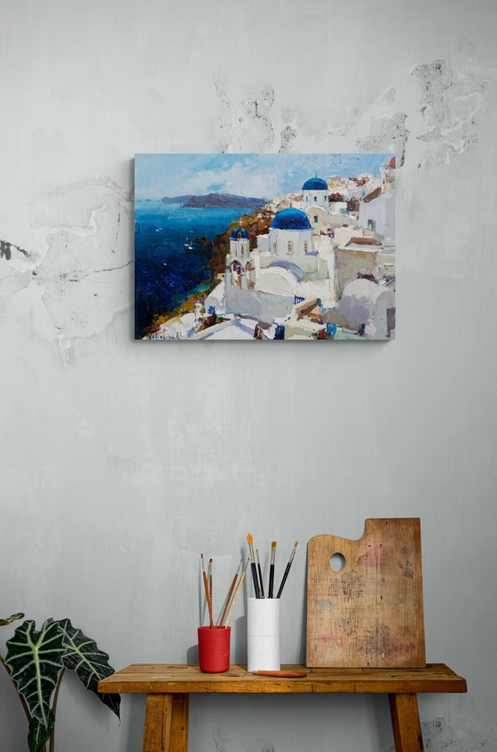 Santorini, Greece seascape - Original oil impasto landscape painting