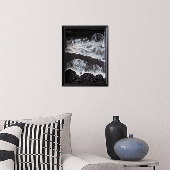 Black and white voluminous beach - original resin seascape artwork, 3d and framed