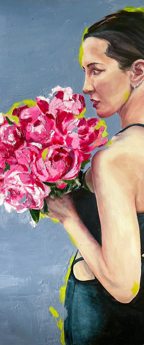 Oil painting Lovely women with magenta peonies by Diana Timchenko