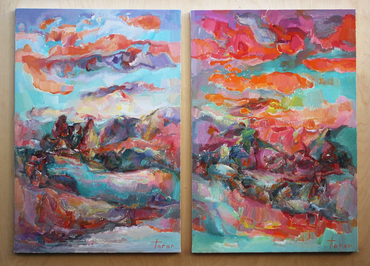 Abstract Landscape Oil Painting By Taron Khachatryan, 17 X 24", From Dusk Till Dawn (Diptich), Original Artwork