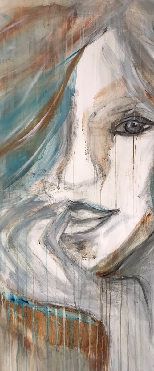XL Woman portrait Brons, Blue, white by Tiny de Bruin