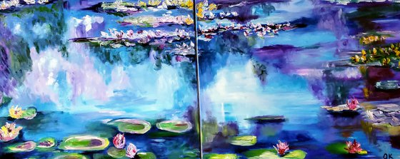 Water Lilies  184 x 76 x 2 cm, water reflections, diptych, oil painting on canvas