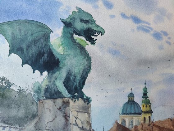 Dragon bridge Ljubljana Slovenia original watercolor landmark painting, Wall art home decor to hang in living room, European city watercolor