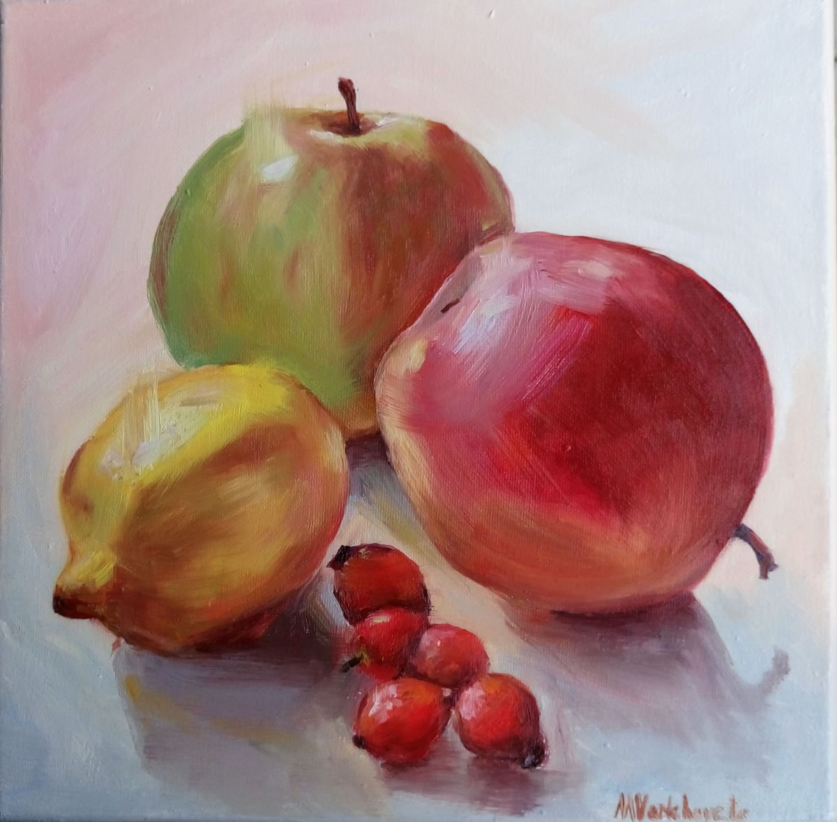Apples Lemon And Dog Rose Fruit ( Original oil painting ready to hung canvas gallery wrapp... by Mag Verkhovets
