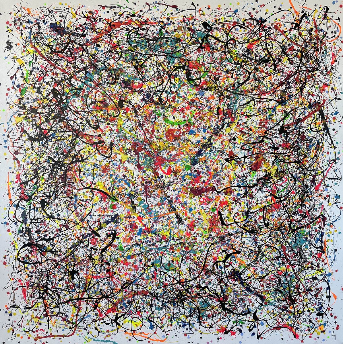 Abstract Painting By Juan Jose Garay, 79 X 79", Cosmic Explosion In Black, Original Artwork