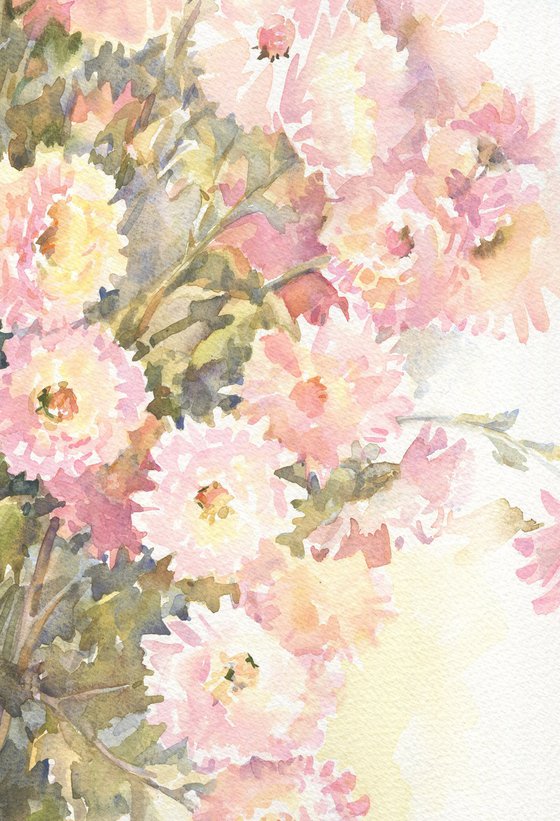 Pink small chrysanthemums / ORIGINAL watercolor 15x22 (38x56cm)