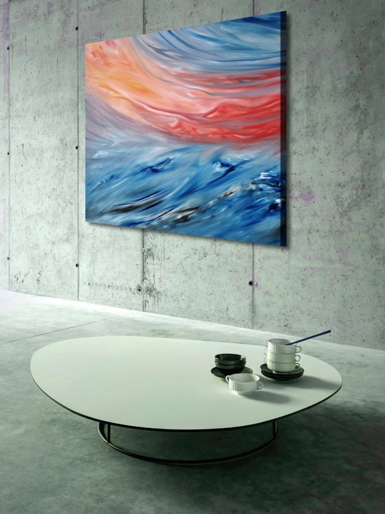 Red sunset on the sea, 80x80 cm, Deep edge, Original abstract painting, oil on canvas