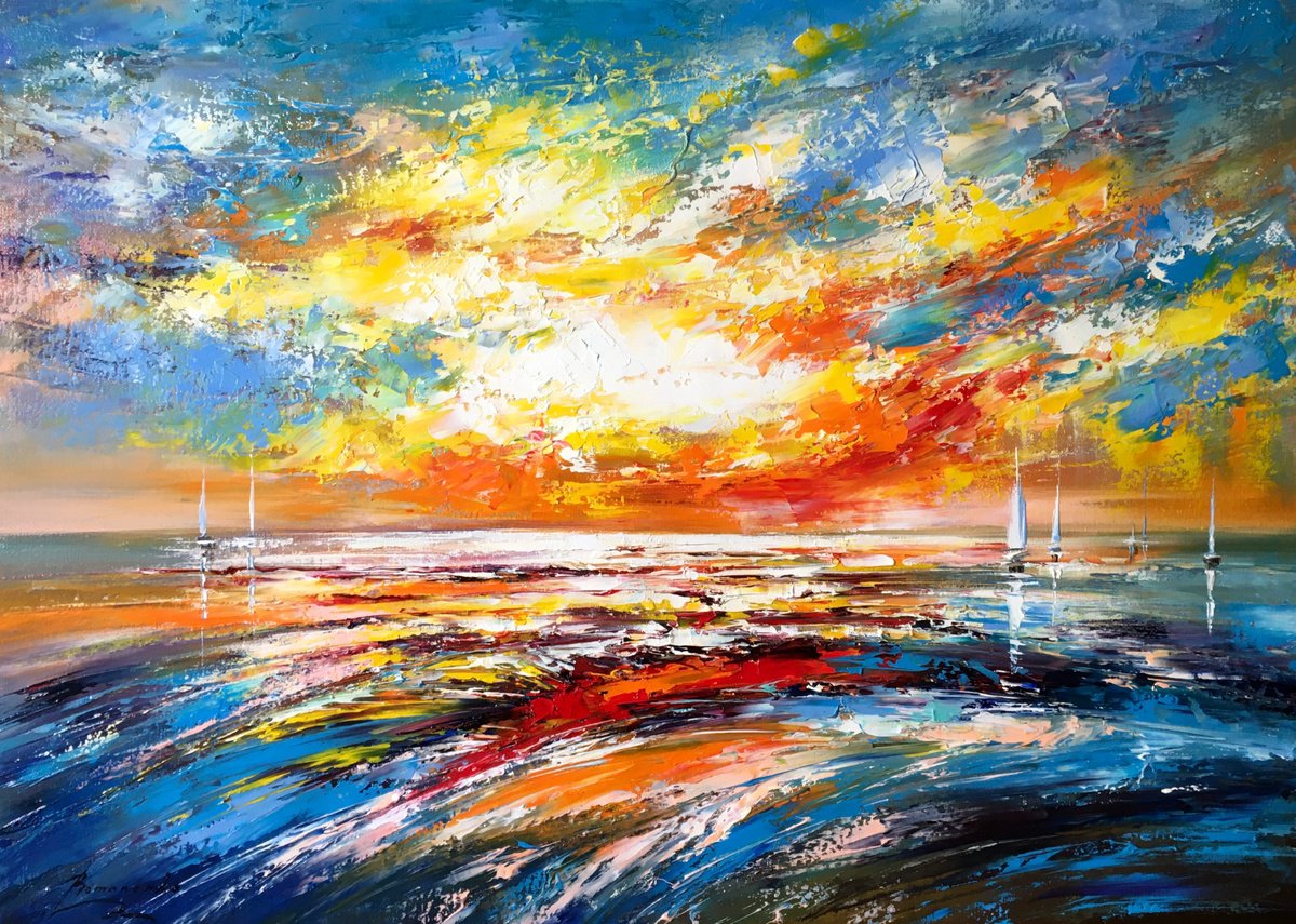 Impressionistic Landscape Oil Painting By Olena Romanenko, 28 X 20", Sea Adventures, Original Artwork