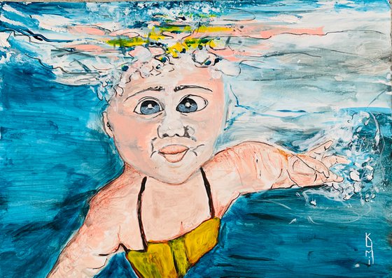 Underwater Painting of Baby Swimming for Home Decor, Child Portrait Art Decor, Artfinder Gift Ideas