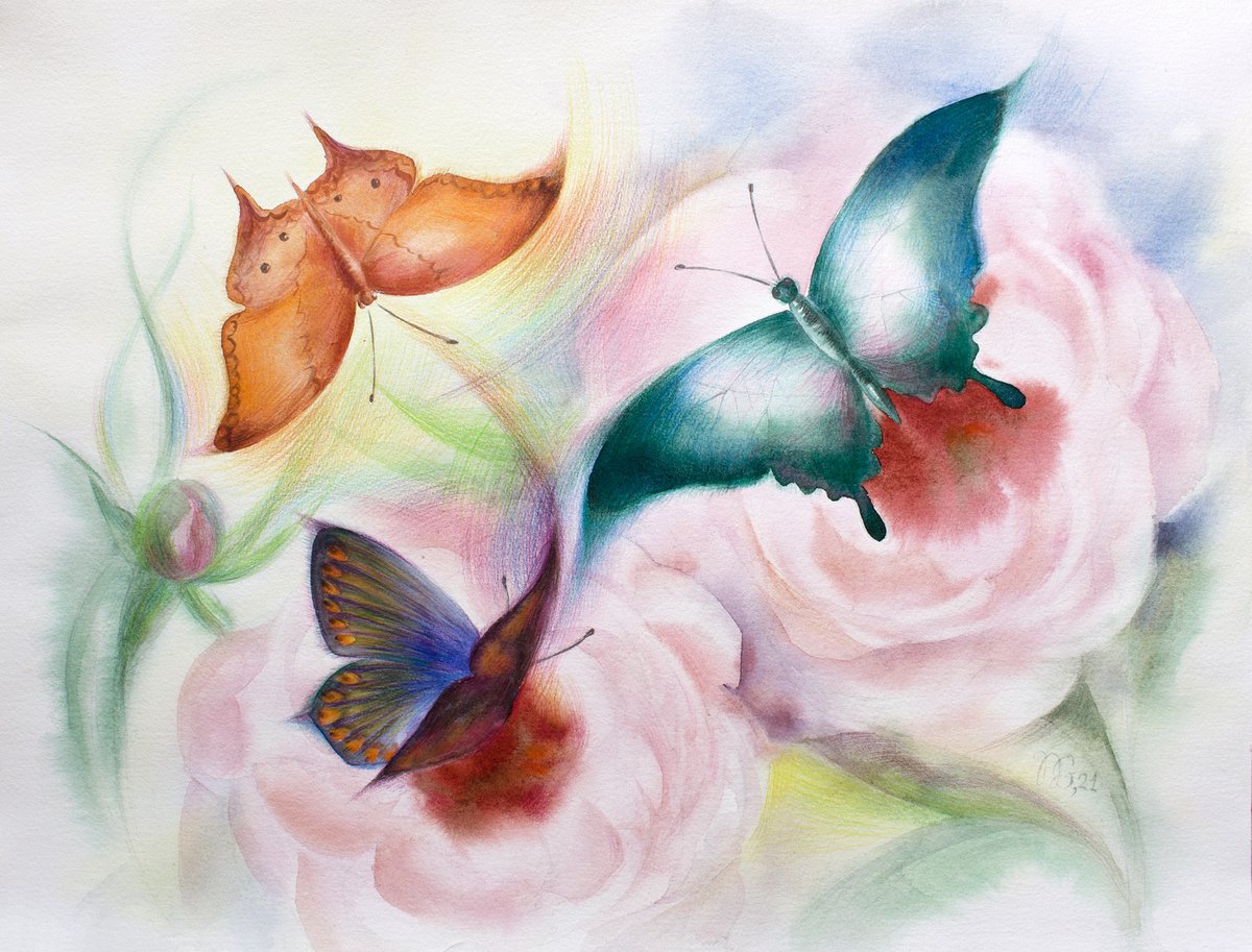 Butterflies and peonies by Natalia Galnbek