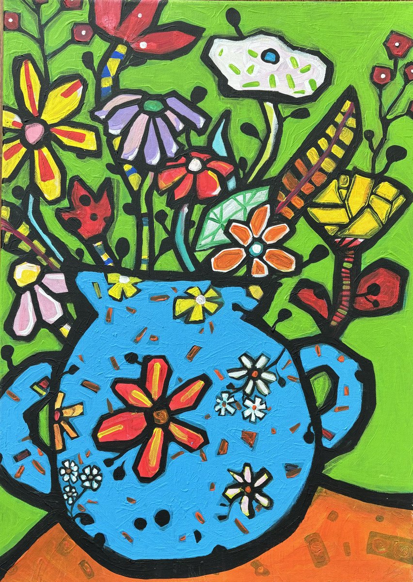 Impressionistic Botanical Acrylic Painting By Sun-Hee Jung, 20 X 28", Blue Vase, Original Artwork