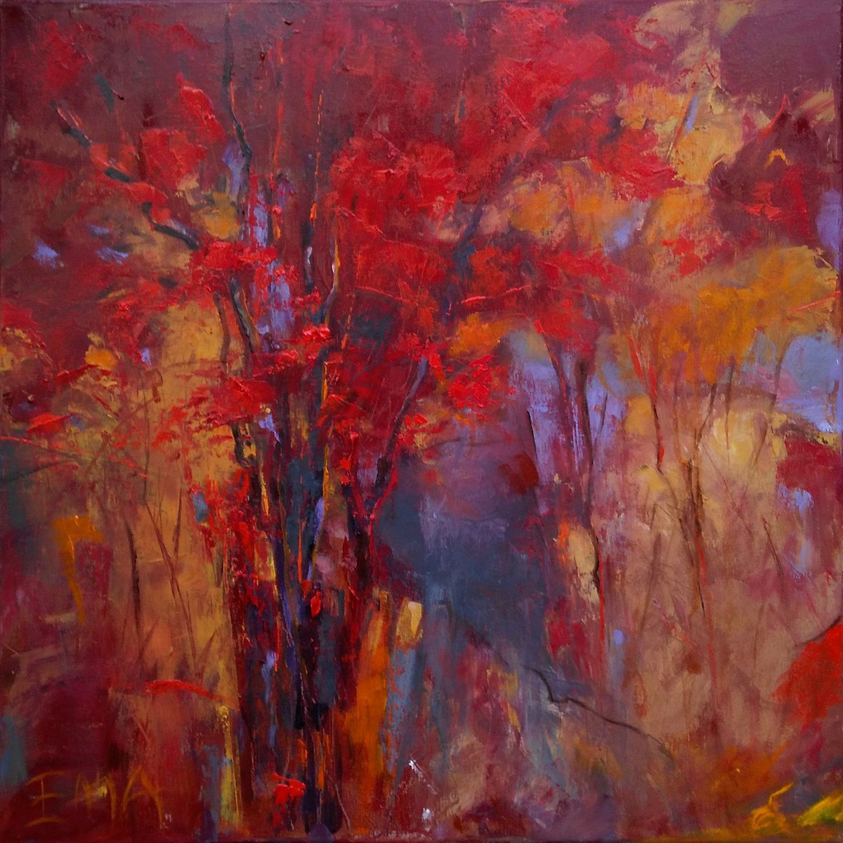 AUTUMN DRAMA, 60x60cm, red autumnal trees abstract landscape by Emilia Milcheva