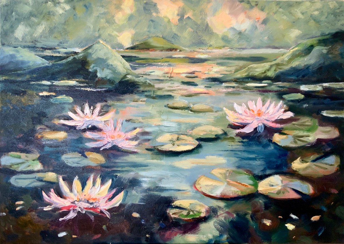 Impressionistic Landscape Oil Painting By Alexandra Jagoda (Ovcharenko), 28 X 20, Water Lilies In The Pond, Original Artwork