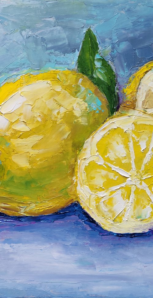 Lemon Painting Original Art Fruit Still Life Citrus Artwork Small Kitchen Wall Art by Yulia Berseneva