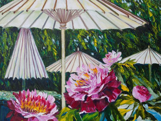 Japanese garden. Umbrellas for Peonies