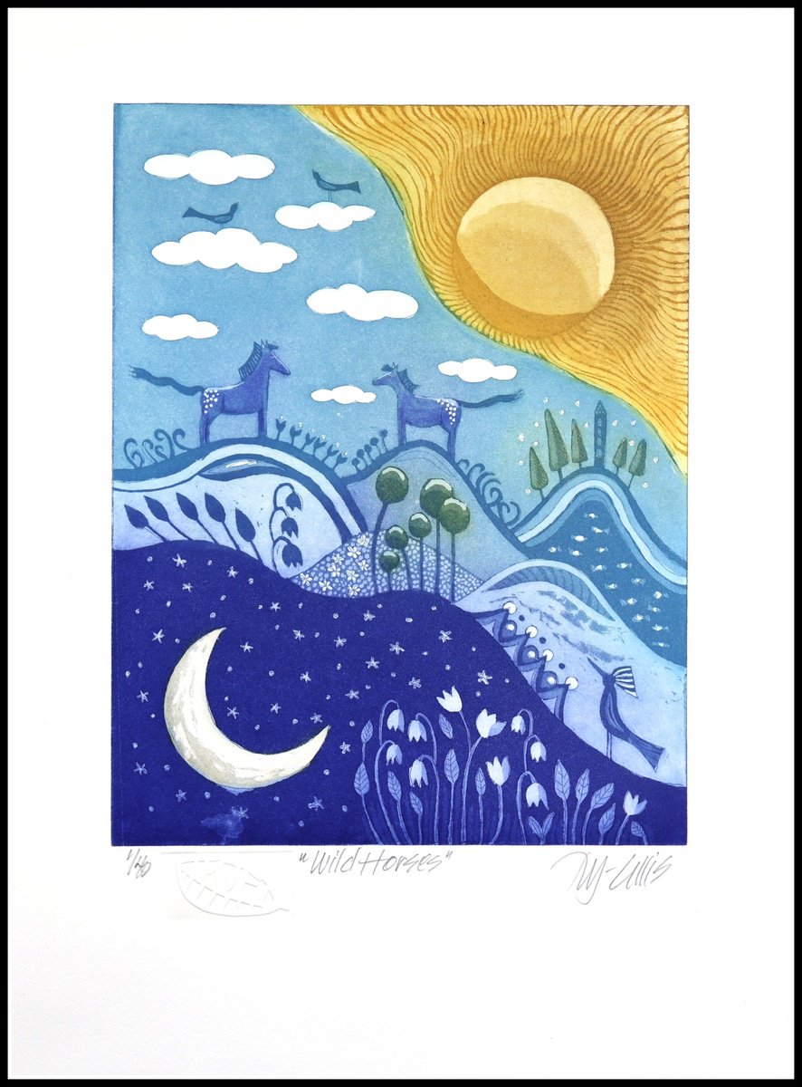Illustrative Landscape Etchings & Engravings By Mariann Johansen-Ellis, 13 X 18", Wild Horses, Original Artwork