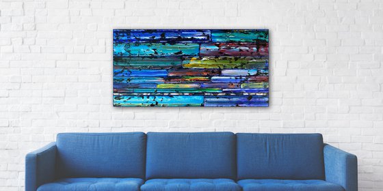 "Cooling It Down" - Original PMS Large Assemblage Sculptural Painting On Wood and Marbled Glass Backsplash Tile - 48 x 24 inches