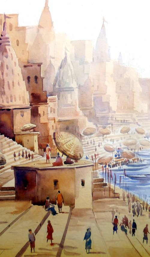 Varanasi Ghat at Morning-Watercolor on Paper by Samiran Sarkar