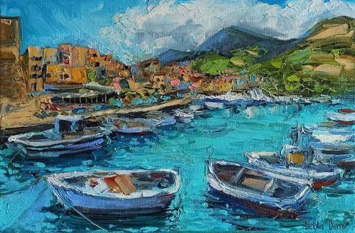 Beach towns in Tuscany oil painting blue ocean landscape wall decor 7x11" by Leyla Demir