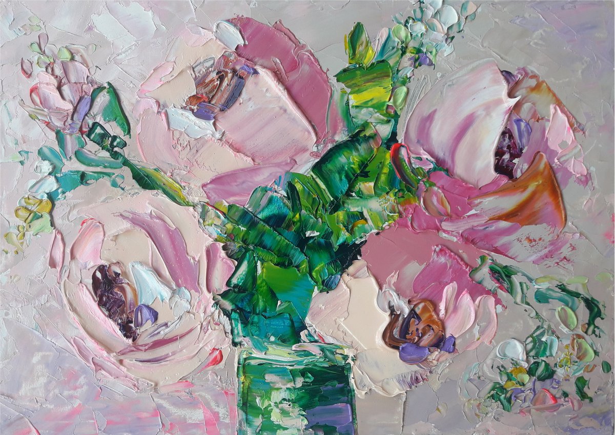 Bouquet of pink flowers, Flower Painting Art, Peonies Original Painting, Modern Floral Wal... by Kseniya Kovalenko