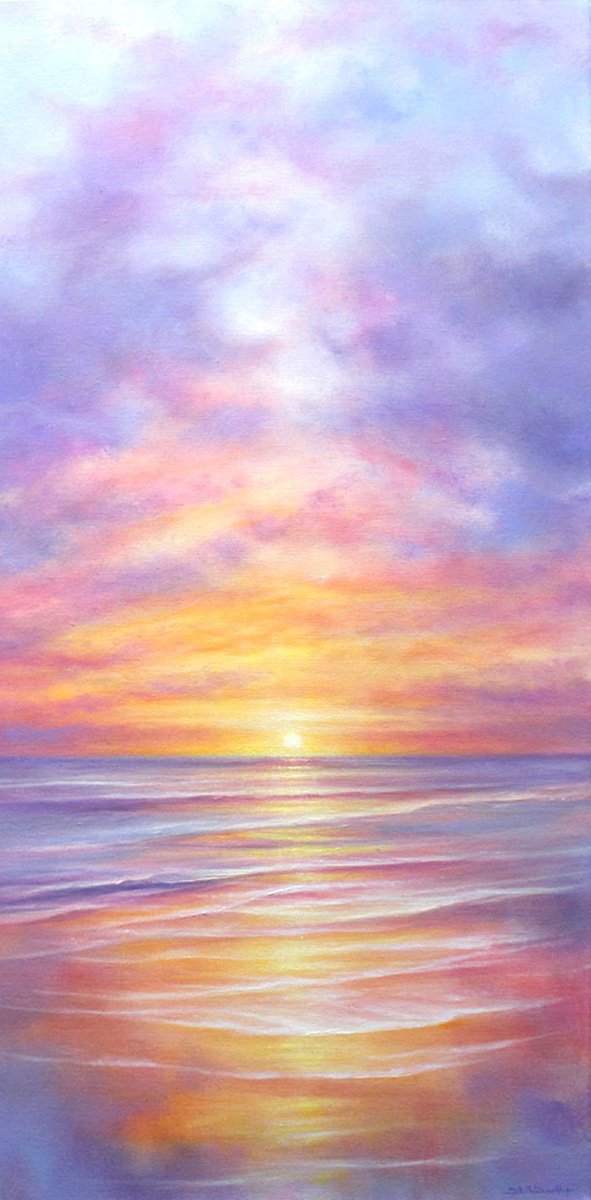 Impressionistic Landscape Oil Painting By Stella Dunkley, 16 X 31", Reflections At Sunset, Original Artwork