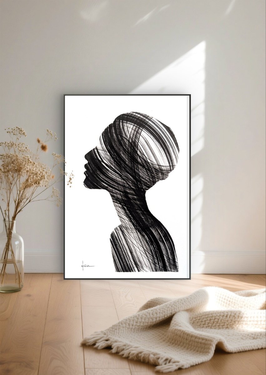 Abstract Portrait Ink Drawing By Nicol Vacaru, 11 X 15", Tracing The Light, Original Artwork