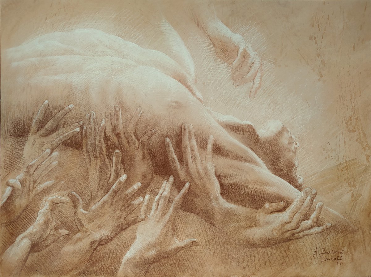 Expressive Portrait Drawing By Alexandre Barbera-Ivanoff, 31 X 24, Study For Gravity And Grace, Original Artwork