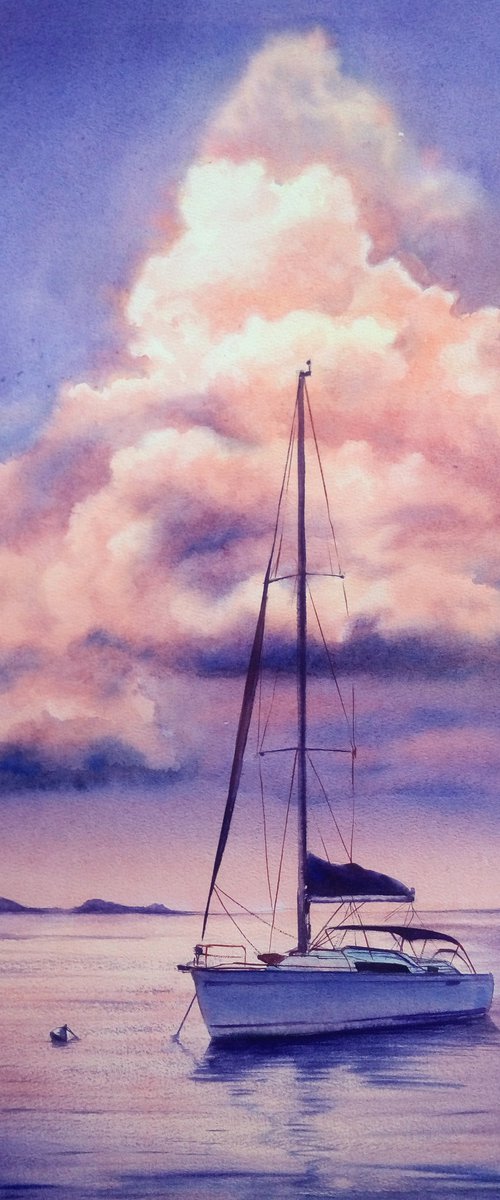Pink clouds - Sailboat - Yacht by Olga Beliaeva Watercolour
