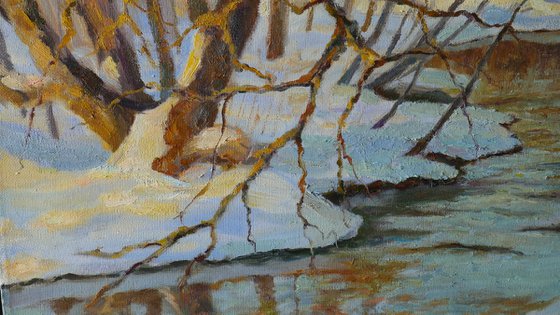 Rays of the setting Sun over the spring river - sunset landscape painting