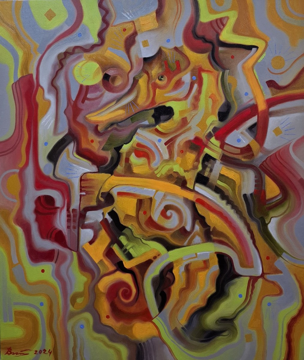 Abstract Animal Oil Painting By Serhii Voichenko, 24 X 27", Sea - ? - ?Horse Game, Original Artwork