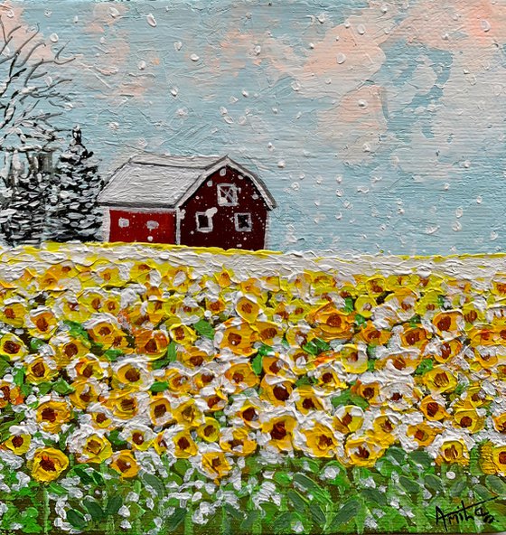 Sunflowers in snow! Miniature canvas painting