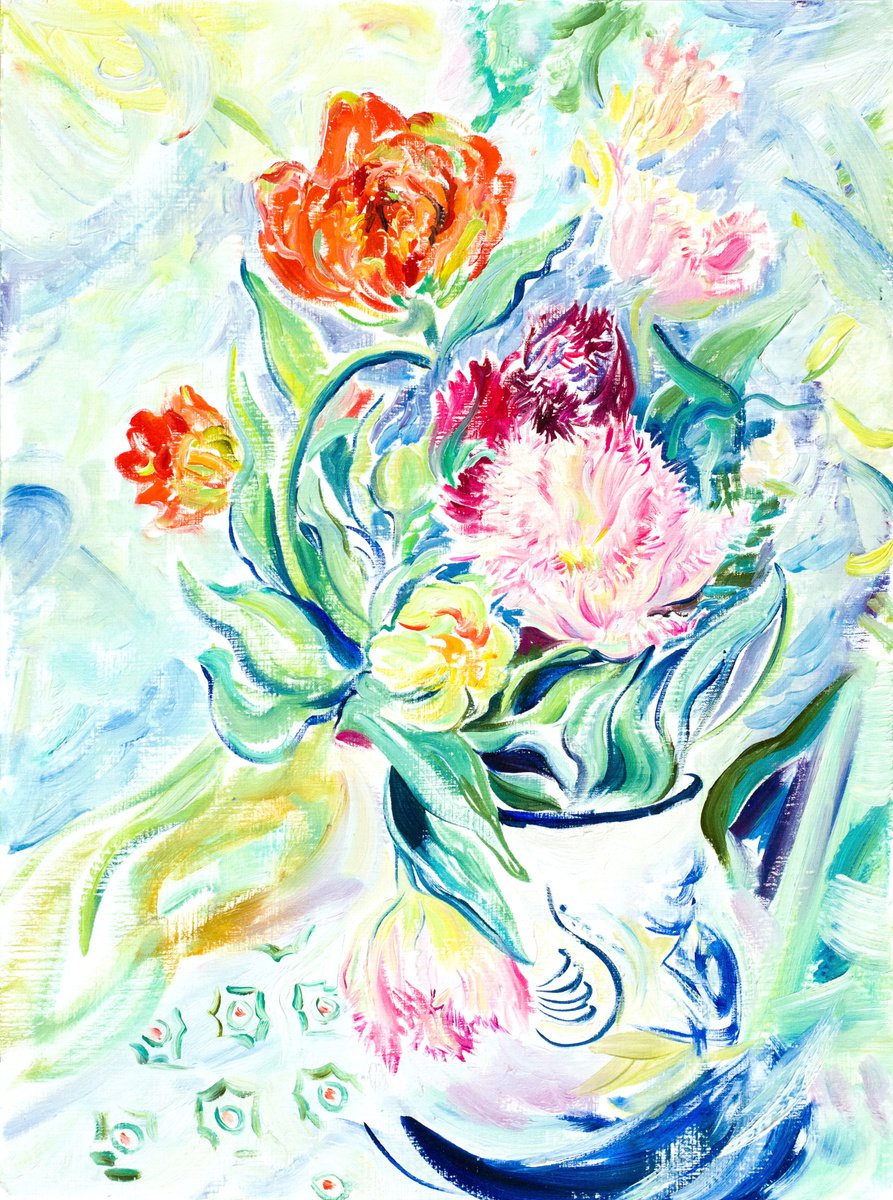 Impressionistic Still Life Oil Painting By Daria Galinski, 12 X 16, Tulips In A Vase, Original Artwork