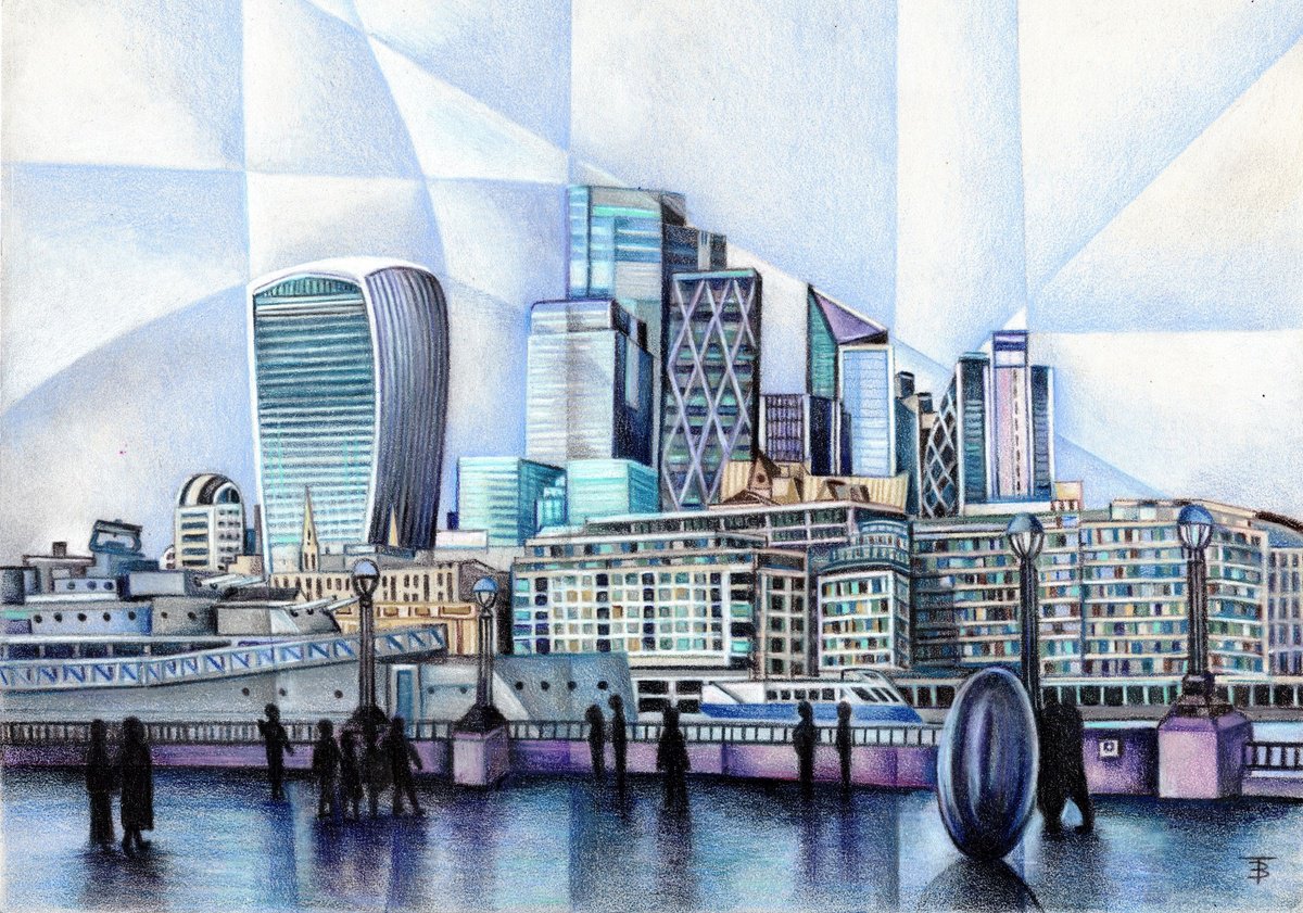 Illustrative Cityscapes Pencil Drawing By Tiffany Budd, 16 X 13", Hms Belfast And The Orb, Original Artwork