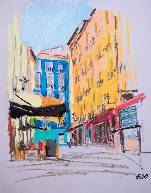 Madrid street. Plain air oil pastel painting. Original interior urban impressionistic street terrace small by Sasha Romm