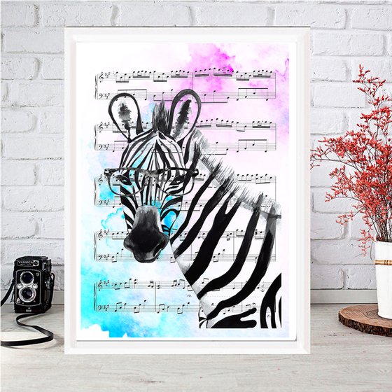 Zebra, watercolor on sheet music