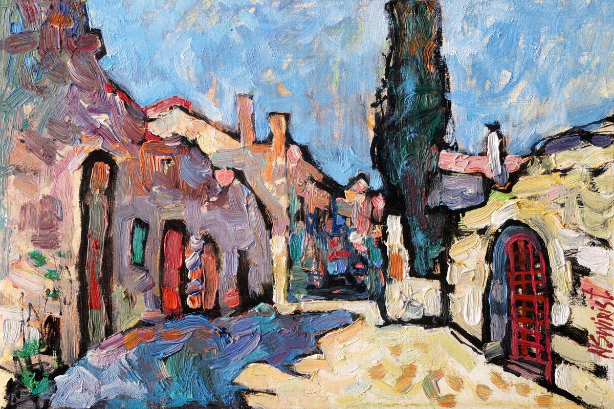 Impressionistic Cityscapes Oil Painting By Nikifor Swiristuhin, 12 X 8", Street, Gate, Cypress., Original Artwork